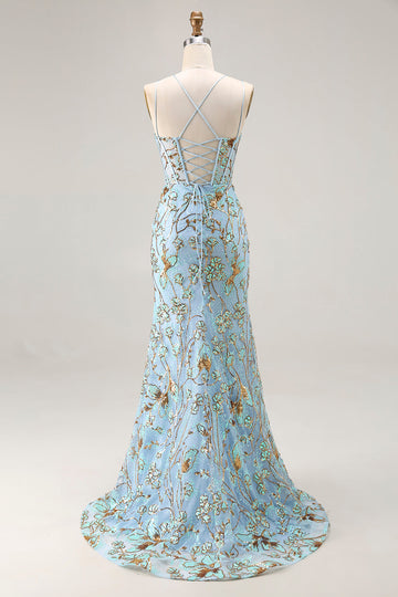 Sjöjungfru Sjö Blå Korsett Paljetter Snörning Upp Tillbaka Lång Balklänning Med Slits